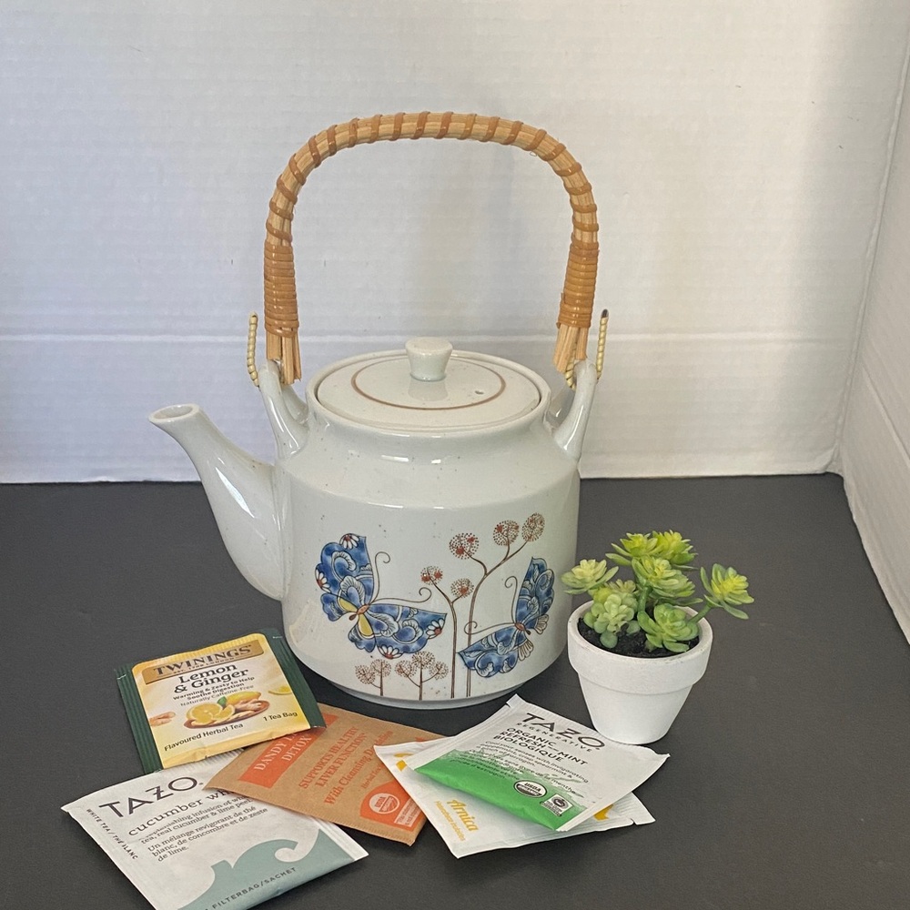 Vintage Capilano Vancouver Imported Asian Style Butterfly Teapot w/ Reed Handle